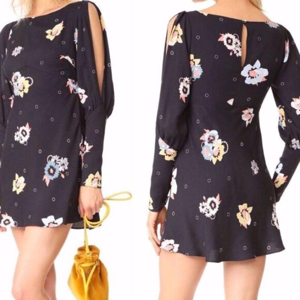 Free People Sunshadows Slit Sleeve Mini Dress Black Floral Long Sleeve Womens 4
